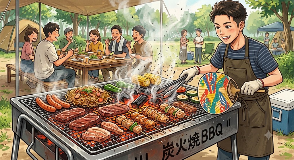 バーベキューにて食材を網の上で焼いている時にの挿絵